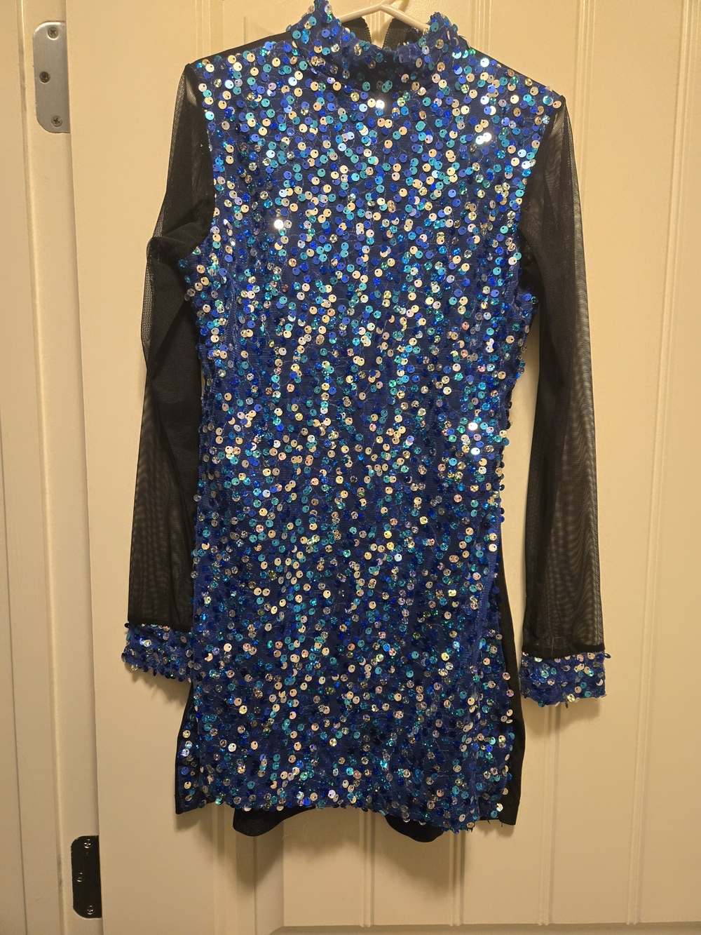 Girls Royal Blue Sequin Performance Dress with Sheer Black Sleeves